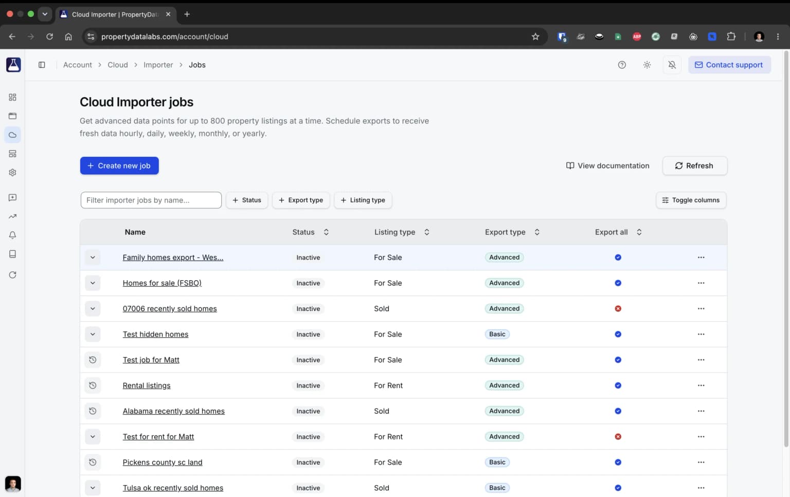 PropertyDataLabs cloud importer jobs table with queued and completed exports