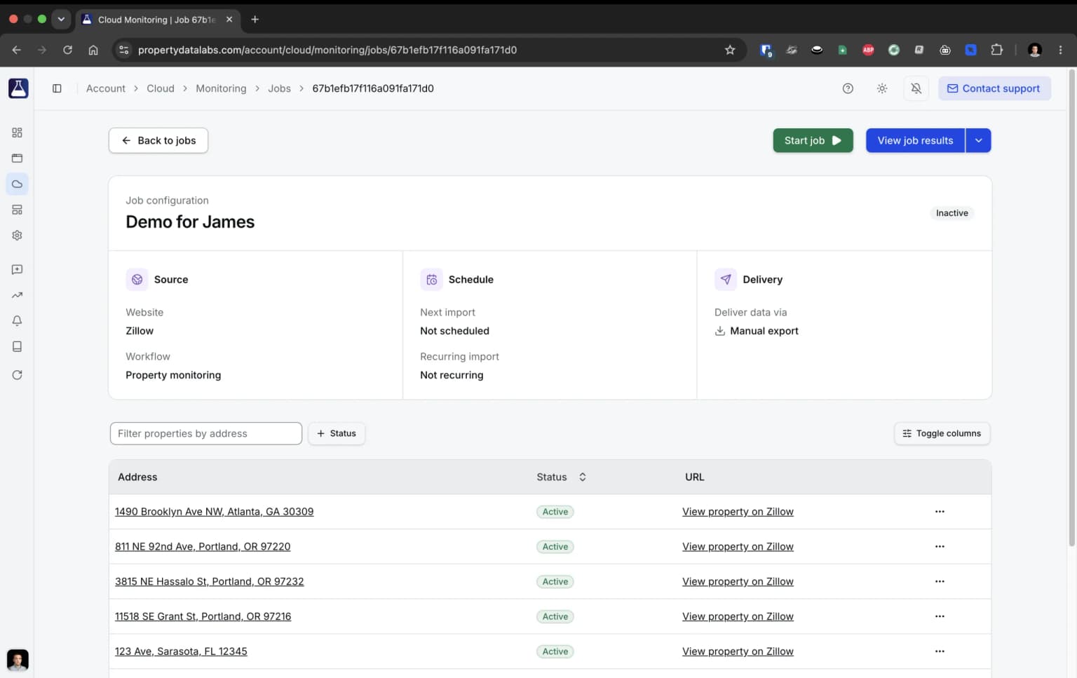 PropertyDataLabs cloud monitoring table showing tracked properties