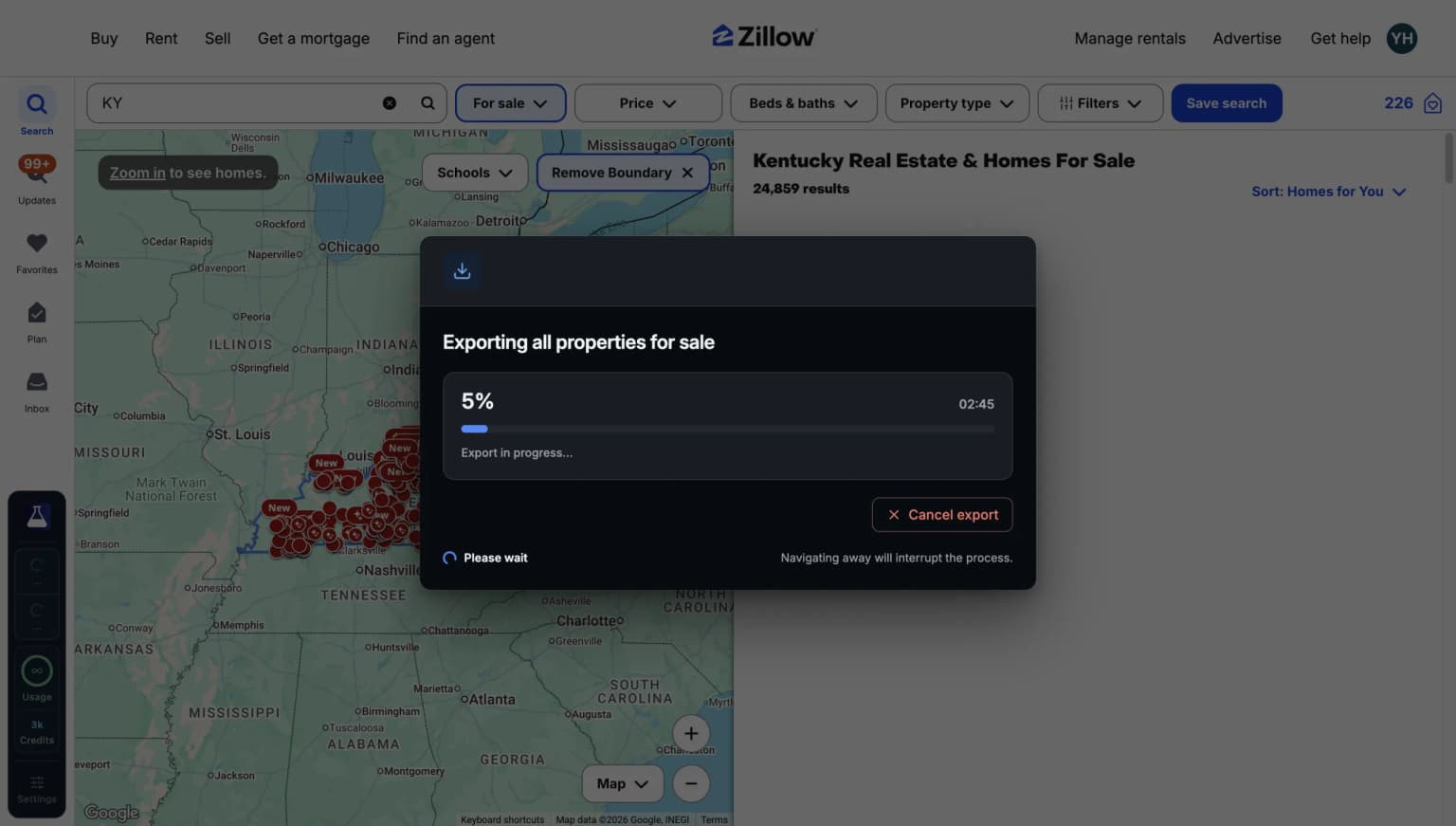 PropertyDataLabs export controls open above a Zillow property results page