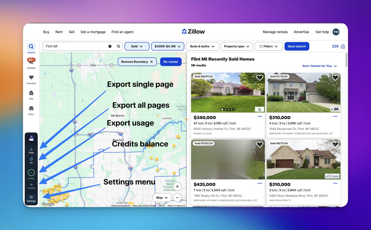 PropertyDataLabs dock on a Zillow search-results page